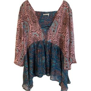 FLOREAT Anthropologie VALO BURNOUT SILK KIMONO  Blouse Flocked Swing Top Size
